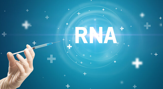 Syringe needle with virus vaccine and RNA abbreviation, antidote concept