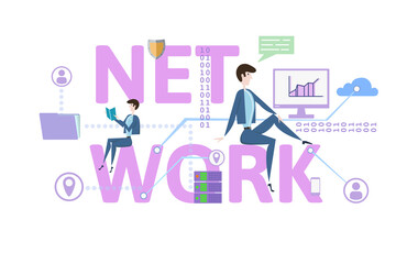 Network. Concept with keywords, letters and icons. Colored flat vector illustration on white background.