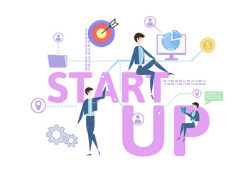 STARTUP. Concept with keywords, letters and icons. Colored flat vector illustration on white background.