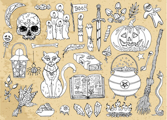 Set of scary Halloween traditional symbols and objects with skull, cat, broom, pot and pumpkin.