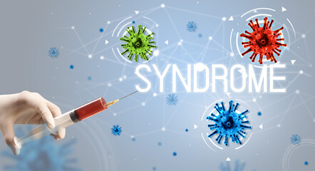 Syringe, medical injection in hand with SYNDROME inscription, coronavirus vaccine concept