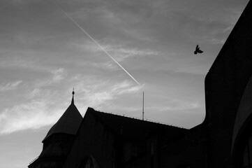 Ciemna sylwetka historycznego budynku na tle nieba, samolot i ptak