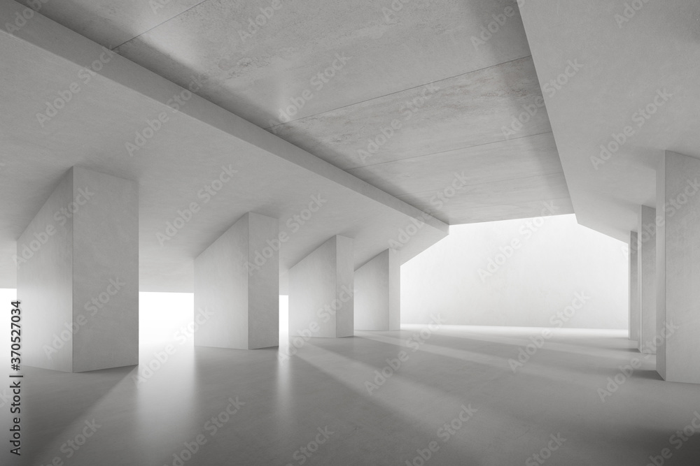 Poster 3D render of empty concrete room with shadow on the wall.
