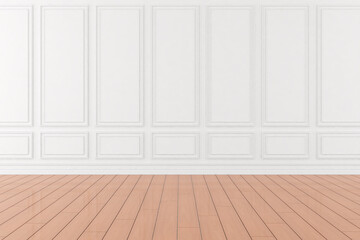 3D render of empty room with wooden floor and classic wall.