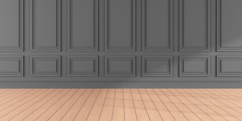 3D render of empty room with wooden floor and classic wall.