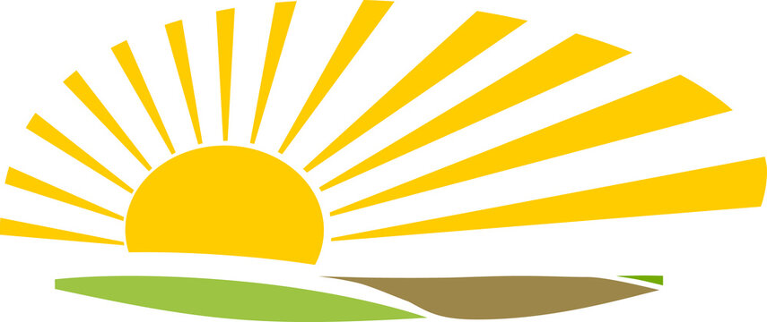 Abstract agriculture border with yellow sun and green and plowed field in flat style