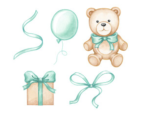 Items for the holiday, congratulations in green color: satin ribbons, toy, gift box, balloon. Set of elements for design, scrapbooking. Watercolor illustration.