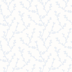 Botanical seamless pattern with light gray silhouettes of twigs on a white background. Delicate and discreet print for fabric, design, wrapping paper or wallpaper.