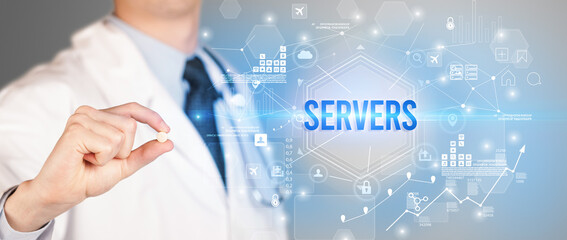 Doctor giving a pill with SERVERS inscription, new technology solution concept