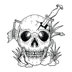tattoo and t-shirt design black and white hand drawn  skull with knife and arrow premium vector