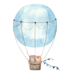 illustration of a balloon in blue with a fox and a bear cartoon inside a watercolor illustration, kids design for cards, invitations