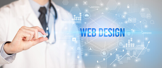 Doctor giving a pill with WEB DESIGN inscription, new technology solution concept