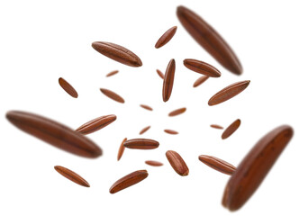 Raw brown rice levitates on a white background