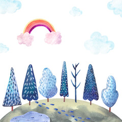 landscape with mountains, fields, paths, rainbow and clouds, lake watercolor illustration on a white background, design of a children's room, nakoyki
