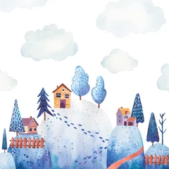 Rolgordijnen landscape with mountains, fields, paths, and clouds, Fence, thick beautiful forest illustration in watercolor on a white background, design of a children's room, stickers © Ilona