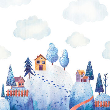 landscape with mountains, fields, paths, and clouds, Fence, thick beautiful forest illustration in watercolor on a white background, design of a children's room, stickers