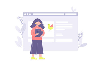 Young girl with books on web page background. Online learning concept. Female student, student vector picture. Modern illustration for the site. Banner, design element.