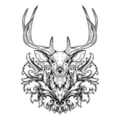 tattoo and t-shirt design black and white hand drawn deer head with engraving ornament premium vector
