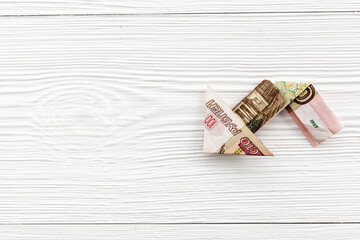Ruble chart on wooden background. Currency trading concept