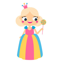 Cartoon girl in beautiful dress, crown and purse. Cute princess.