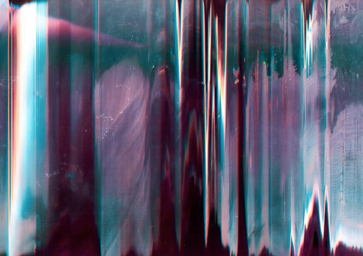 Glitch abstract background. Digital distortion. Purple blue noise on dirty screen with dust scratches.
