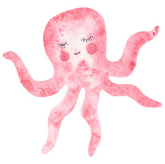 drawing children's octopus pink cartoon watercolor on a white background, design of a children's room, stickers © Ilona