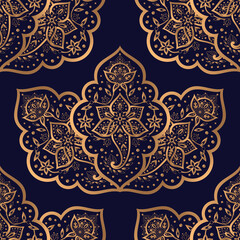 Luxury background golden vector. Arabesque paisley royal pattern seamless. Art deco design for christmas party, new year gift package, holiday wallpaper, beauty spa, yoga salon, wedding.