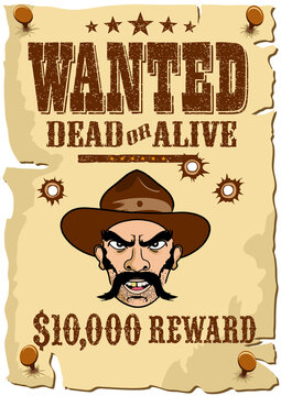 WANTED Outlaw Poster, Wild West template in a cartoon style