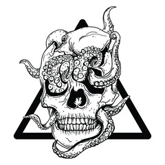 tattoo and t-shirt design black and white hand drawn skull and octopus premium vector