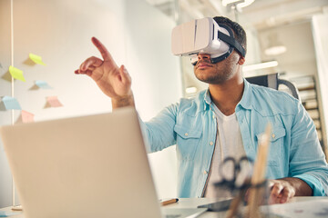Portrait of serious male that being in virtual reality