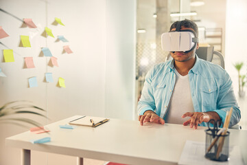 Frustrated young office worker testing virtual vision