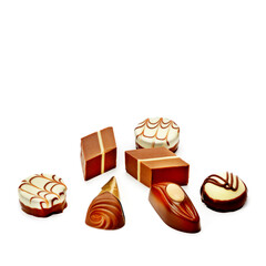 Chocolate pralines isolated on white background. Free space for text.