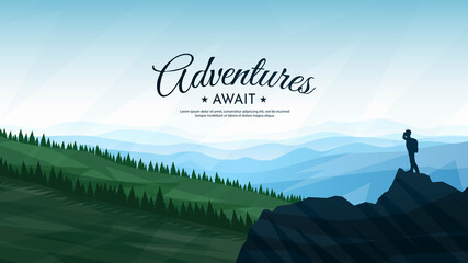 Vector illustration. A man with a backpack stands on top of a rock and looks at the mountains. Flat design. Concept of discovery, exploration, hiking, adventure tourism and travel. Landscape view.