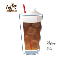Glass iced coffee with straw cream vector illustration