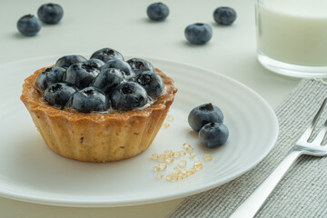 Blueberry tartlets served on a white plate with brown sugar. Glass of milk in the sun on a white background.