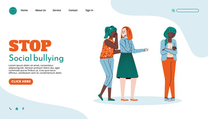Website page template arguing to stop social bullying with group of teen girls, cartoon vector illustration. Violence, abuse and aggression problem in society.
