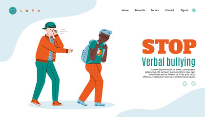 Stop verbal bullying webpage template with people cartoon characters, flat vector illustration on white background. Landing web page for bullying victims hotline.