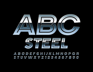 Obraz premium Vector steel Alphabet. Creative metallic Font. Set of reflective silver Letters and Numbers