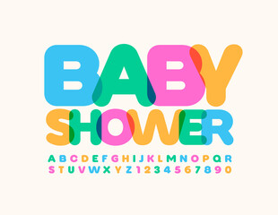 Vector colorful invitation Baby Shower. Bright Happy Font. Decorative Alphabet Letters and Numbers