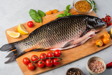 Carcass trout fish prepared baking dish with vegetables and spices