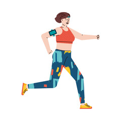 Cartoon female runner athlete running with armband phone holder. Athletic woman in sportswear jogging with smartphone in arm case, isolated vector illustration.