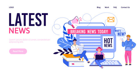 Latest news website banner interface with people using various devices, cartoon vector illustration on white background. Landing page for news online update app.