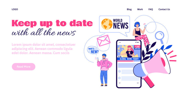 Web page template for online news media channel with cartoon people on phone screen, flat vector illustration. Mobile website application for internet news content.