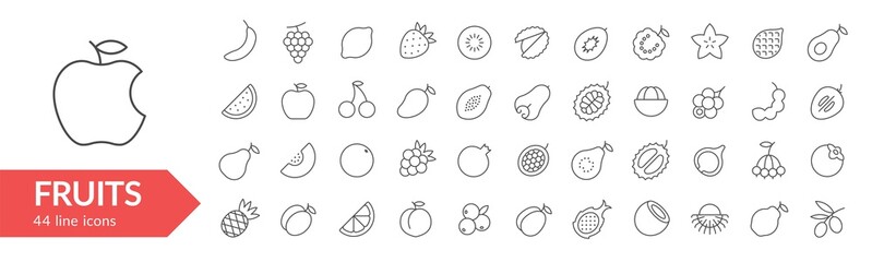 Fruits line icon set. Isolated signs on white background. Vector illustration. Collection