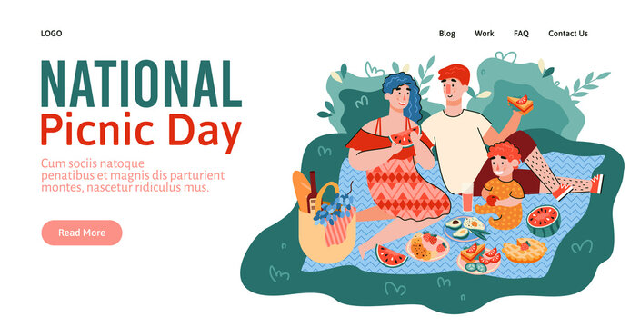 National picnic day website banner template with couple having a picnic in park, flat cartoon vector illustration. Landing page for summer vacations activity. - Powered by Adobe