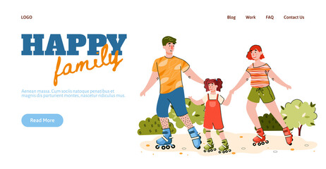 Good relations in happy family and sport activity for parents and children website template with cartoon people, flat vector Illustration. Banner of family sport.