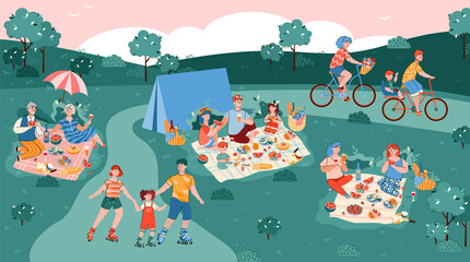 Summer park background with resting people having a picnic and sport activity, flat cartoon vector illustration. National picnic day and summer leisure layout.