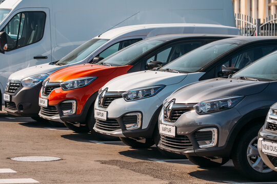 Different Renault Cars parking in row outdoors. Subcompact Crossovers Produced Jointly By Renault–Nissan Alliance.
