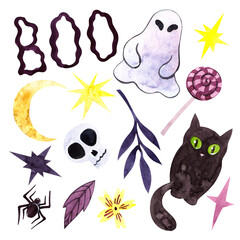 Watercolor halloween set with ghost, black cat, skull, moon, lettering and other elements on white background.