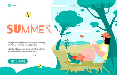 Website banner on summer recreation them with woman enjoying summer day on nature, cartoon vector illustration. Rest in park or forest camping concept.